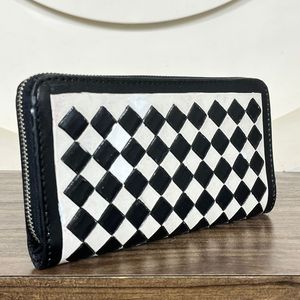 Handmade Genuine Cowhide Leather Zipper <b>Wallet</b> Black & White Checkered Pattern Long Clutch Card Holder Premium Western Style - Product Image 4