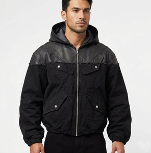 Custom Men's Hooded Leather Patchwork Bomber <b>Jacket</b> Black Canvas <b>Cropped</b> Streetwear Zip-Up OEM ODM Wholesale - Product Image 1