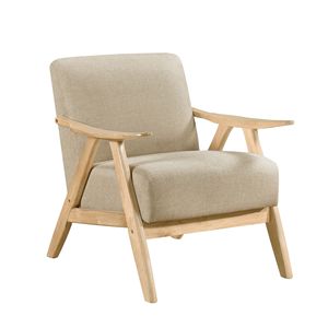 Fauteuil d'appoint moderne 1 pièce pour la maison, tissu marron clair, finition naturelle, bois d'hévéa massif, dossier rembourré, salon - Product Image 1
