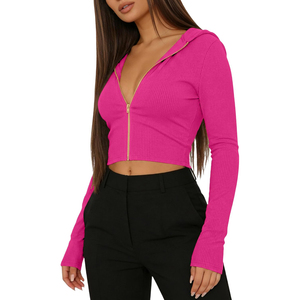 Top Corto con Capucha y Cierre de Cremallera para Mujer, Color Rosa, Tejido de Punto, Manga Larga, Color Sólido, Transpirable, Ropa de Otoño, OEM ODM - Product Image 4