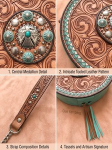 Handtooled Genuine Leather <b>Mini</b> Bag Vintage Bohemian Canteen Purse Tassel Crossbody Strap Zip Closure <b>Canvas</b> Lining Small - Product Image 3