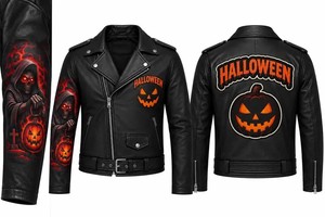 Chaqueta de moto de cuero genuino de doble cara para mujer, diseño de Calabaza y Ceñador de Almas, manga larga, negra, para otoño y Halloween - Product Image 2