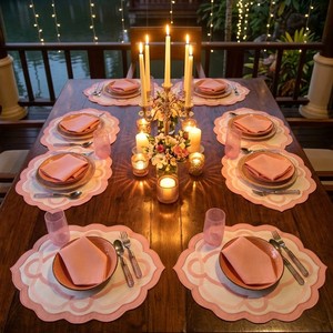 Luxury Scalloped Cotton <b>Placemats</b> with Pink Embroidered Border, Elegant <b>Dining</b> <b>Table</b> Setting Decor, Wedding & Housewarming Gift - Product Image 4