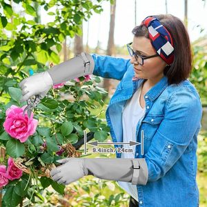 Gants de jardin longs en cuir pour femmes, gants de travail robustes pour le désherbage et la plantation, meilleurs cadeaux de jardin pour les jardiniers, gris - Product Image 4