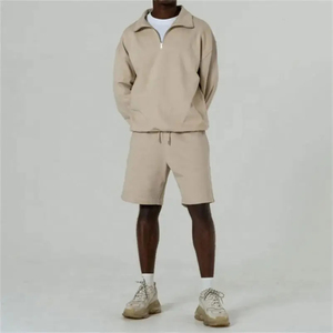 Ensemble de survêtement sportif pour homme en 2 pièces, sweat-shirt à fermeture éclair courte en coton/élasthanne à séchage rapide et short, style décontracté d'été - Product Image 2