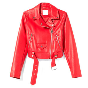 Chaqueta de Motocicleta Roja de Cuero PU Ecológico, Cortavientos, para Mujer, con Cierre, Cinturón y Cuello Alto - Product Image 1
