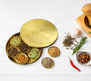 Brass masala box 5 inch peacock design <b>spice</b> container set with seven compartments kitchen <b>storage</b> dabba gifting purpose - Product Image 2