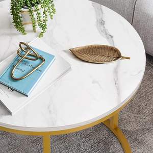 Table basse ronde blanche et or, tables d'appoint empilables aspect bois avec cadres métalliques robustes pour salon - Product Image 4