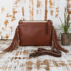 Cowhide Leather Fringe Crossbody <b>Bag</b> Western <b>Boho</b> Shoulder Purse With Tassel Strap And Brown Leather Trim - Product Image 4