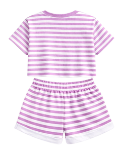 Ensemble crop top et short rayé blanc lavande personnalisé pour femme – Tenue décontractée d'été deux pièces avec taille élastique – Vêtements de détente et streetwear - Product Image 4