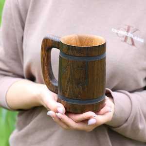 Handcrafted Dark Wooden Beer <b>Mug</b> Premium Oak Wood Viking Tankard Rustic Barrel Style Wooden Drinking <b>Mug</b> for Beer Coffee Tea - Product Image 2