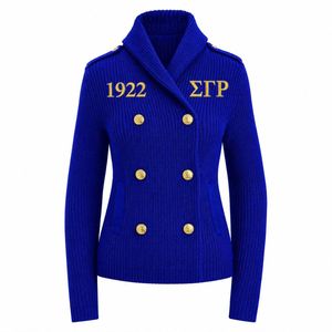 Chaqueta de punto premium con letras griegas bordadas Sigma Gamma Rho, estilo cárdigan cruzado, elegante con botones frontales para hermandad - Product Image 1