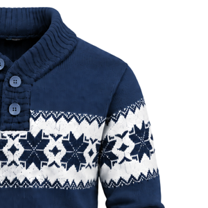 Suéter Azul Marino para Hombre, Estilo Fair Isle, Cuello con Botones, Manga Larga, Tejido de Punto, Patrón Geométrico, Acanalado, Casual de Otoño, 100% Algodón - Product Image 3