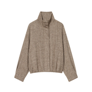 Veste Courte Minimaliste en Tweed pour Femme, Col Montant, Manches Longues, Motif Chevrons, Manteau d'Automne en Mélange de Laine, Style Pull - Product Image 1