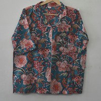 Ensemble de pyjama d'été en coton floral fait main pour femme, imprimé blocs bleu sarcelle et corail, chemise à manches longues boutonnée et short assorti