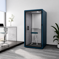 Cabine téléphonique de bureau moderne et compacte bleue avec porte en verre, étagère intérieure, tabouret blanc et espace de travail privé