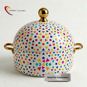 <b>Set</b> of 3 Luxury Insulated Stainless Steel Casserole Hot <b>Pot</b> Colorful Geometric Design Food Warmer Serving Dish For Home Catering - Product Image 2