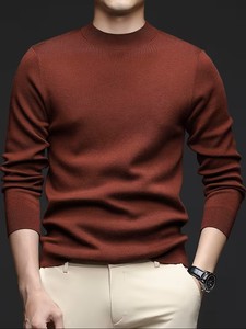 Pull léger d'hiver pour homme - Couleur unie classique, col rond, design brodé sur le devant, doux et confortable pour un usage quotidien décontracté - Product Image 5