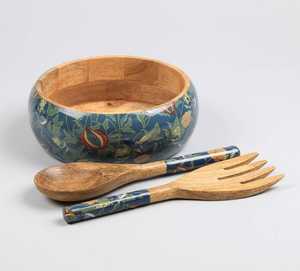 Bol à salade en bois émaillé imprimé, design unique, fait main, avec cuillère, vaisselle de service pour cuisine, salle à manger et réceptions - Product Image 2