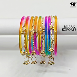 Ensemble de bracelets en verre de style cachemire, transparents et colorés, plaqués or, légers, assortis, pour femmes indiennes, pour mariage - Product Image 3