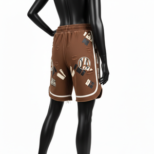 Short de basket-ball pour femme en molleton de coton de haute qualité, marron, confortable, respirant, avec empiècements et logo brodé. - Product Image 2