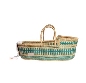 Crafted green blocked motif bassinet seagrass <b>changing</b> <b>basket</b> integrated with rattan <b>changing</b> kid <b>basket</b> and straps - Product Image 1