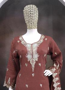 Brown Embroidered Salwar Kameez Set Pakistani Dress Traditional Formal Wear With <b>Shawl</b> for <b>Wedding</b> Ceremony - Product Image 3