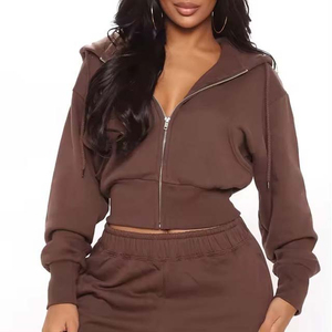 Conjunto de Sudadera Corta con Capucha para Mujer, Color Sólido, Manga Larga, Corte Holgado, con Bolsillos Laterales, Ropa Casual de Otoño, 100% Algodón - Product Image 3