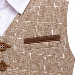 Boys Beige Check Plain Polyester/Cotton Academic School Uniform Set White Shirt <b>Waistcoat</b> Trousers Kids Student Clothing - Product Image 4