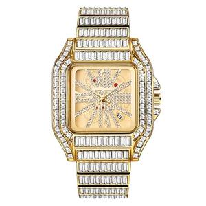 Montre de luxe style Hip Hop carrée en acier inoxydable doré, avec mouvement ETA, entièrement sertie de diamants baguette, style Bling Bling Rapper - Product Image 1