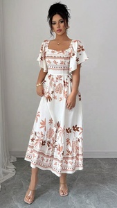 Nuevo Vestido Midi Blanco Elegante con Escote Cuadrado y Mangas con Volantes Femeninos, Tela Transpirable de Alta Calidad, Vestido Largo Maxi - Product Image 2