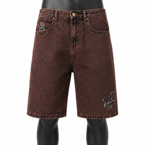 Men’s Vintage Acid Wash Denim Jorts Loose Fit Embroidered Knee Length Baggy Jean Shorts Streetwear Fashion Custom Logo OEM - Product Image 1