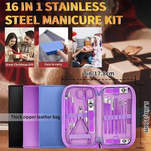 Kit de manucure portable en acier inoxydable violet 16 pièces avec étui pour adultes - Product Image 4