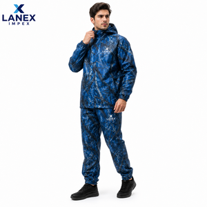Blue Real Tree Sublimation Men's <b>Waterproof</b> Jungle Camouflage Hooded Rain Suit <b>Jacket</b> and Pants Set Outdoor Sporty Style Winter - Product Image 2