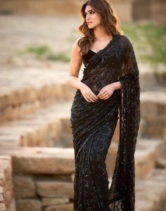 Sari élégant indien en georgette noire, séchage rapide, coupe régulière, pour femme, idéal pour les fêtes et mariages - Product Image 2