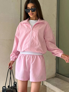 Women's <b>Pink</b> Two-Piece <b>Tracksuit</b> Set Full Sleeve Zipper Sporty Shorts Outfit Spring Summer Loose Fit Solid Color Woven Polyester - Product Image 1