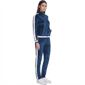 Conjunto Deportivo Ligero y Transpirable de Terciopelo Azul Marino para Mujer, Chaqueta con Cierre Completo y Cuello Alto, Pantalones con Rayas Blancas, Atuendo Casual de Otoño - Product Image 3