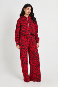 Pantalon large à imprimé léopard rouge pour femme, taille haute, coupe ample, décontracté, tendance, streetwear pour femme - Product Image 4