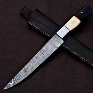 13" Inches Hand-Forged Damascus Steel Fillet <b>Knife</b> | Custom Camel <b>Bone</b> <b>Handle</b> Hunting <b>Knife</b> with Brass Pins With Leather Sheath - Product Image 1