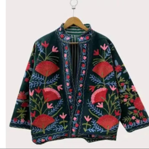 Factory Price Suzani Embroidery Velvet Short Jacket Women Button Winter <b>Coat</b> Bohemian Bomber Jacket Trendy Wholesale Top Product - Product Image 1