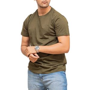 T-shirt homme en jersey tricoté 100% coton, couleur olive unie, col rond, manches courtes, coupe classique, style décontracté. - Product Image 5
