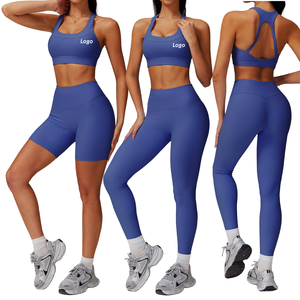 Conjunto Deportivo de 2 Piezas para Mujer, Top Deportivo Acanalado sin Costuras, Leggings de Cintura Alta y Pantalones Cortos de Ciclismo, Ropa Deportiva para Yoga, Gimnasio y Fitness - Product Image 1