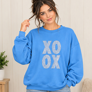 <b>Womens</b> Oversized <b>Black</b> Crewneck Sweatshirt Glitter XO OX Letter Print Drop Shoulder <b>Long</b> <b>Sleeve</b> Casual <b>Top</b> - Product Image 3