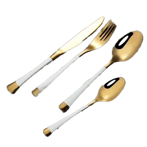 ชุดช้อนส้อมทองคำหรูหราเป็นมิตรกับสิ่งแวดล้อมสำหรับงานแต่งงาน พร้อมด้ามจับสีขาว ชุดอุปกรณ์ครัวไม้ - Product Image 6