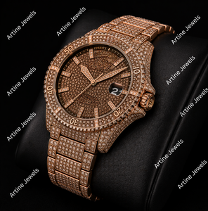 Montre pour homme en or rose sertie de pierres, cadran en pierre brune, affichage de la date, montre de luxe tendance, style étincelant - Product Image 3