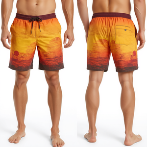 Shorts de bain pour hommes de qualité supérieure, inspirés du coucher de soleil, à séchage rapide, avec graphismes numériques artistiques, construction légère pour la plage et les activités aquatiques. - Product Image 1