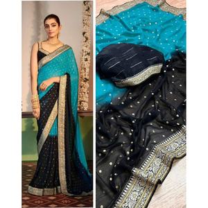 DISEÑADOR GEORGETTE FOIL PRINT WORK SAREE CON BLUSA SIN COSTAR SKY - Product Image 1