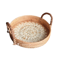 Plateau de service rond en nacre - Plateau décoratif de luxe en rotin incrusté de mosaïque tournesol avec poignées en corde tressée pour la maison