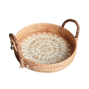 Round Mother of Pearl Serving <b>Tray</b>-Luxury Rattan Inlay Sunflower Mosaic Platter <b>with</b> Braided Rope <b>Handles</b> Household Decorative - Product Image 2