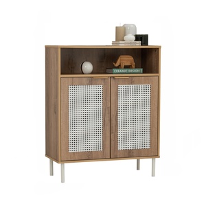 Armoire de rangement moderne en chêne Wotan avec pieds en métal blanc et portes en maille, armoire multifonction fabriquée en Malaisie - Product Image 3
